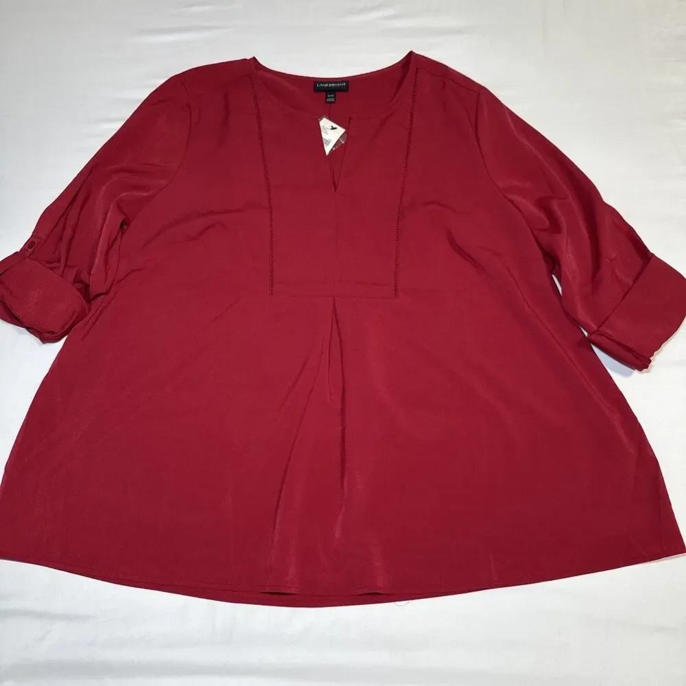 Lane Bryant Blouse Womens 18/20 Maroon Shirt Long Sleeve Embroidered Eyelet NWT